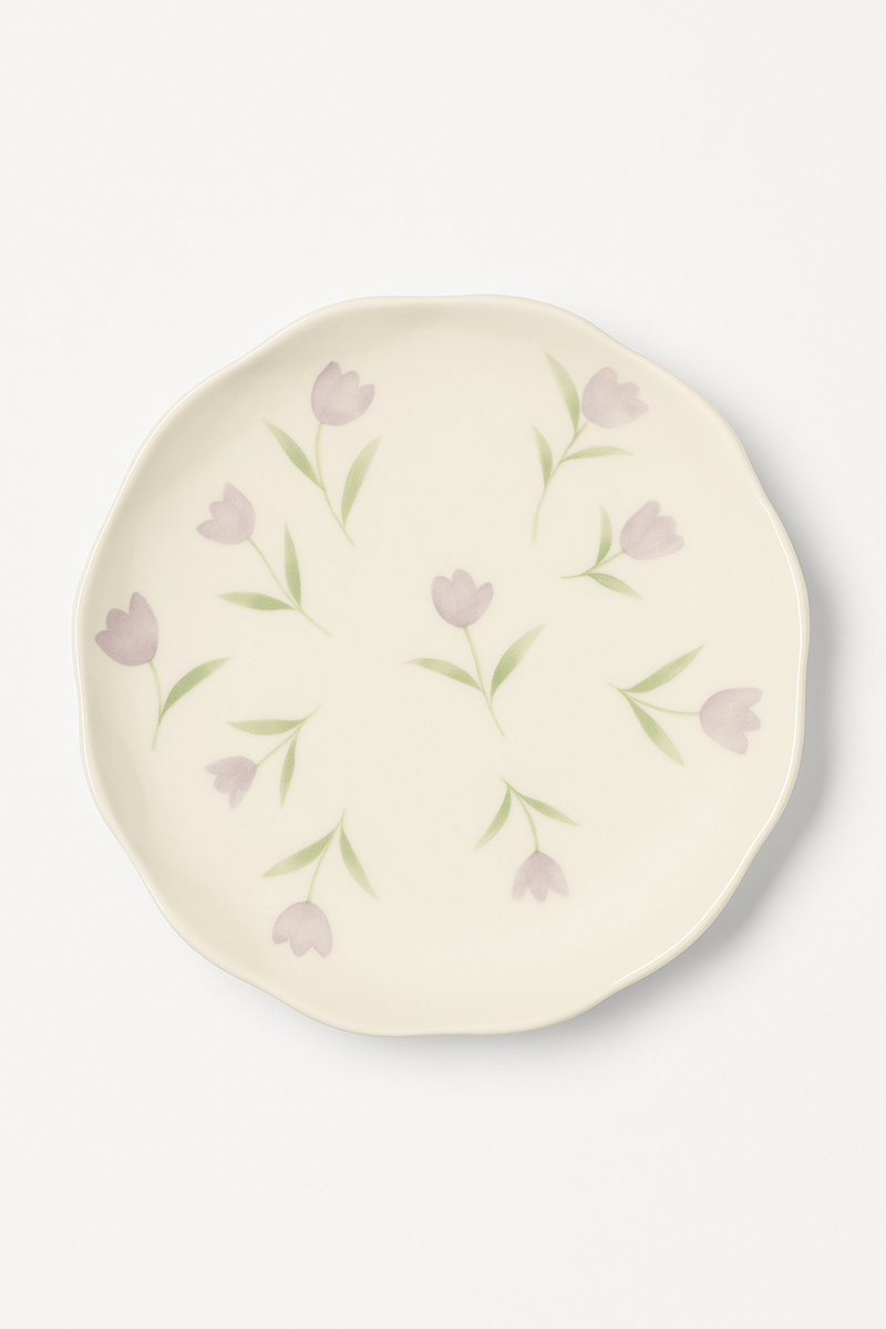Assiette gateau ceramique style coreen motif floral irregulier
