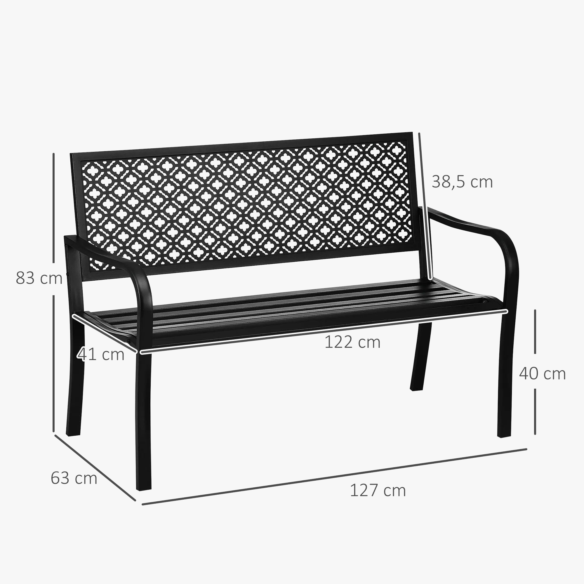 banc de jardin en acier deux places avec dossier décoratif