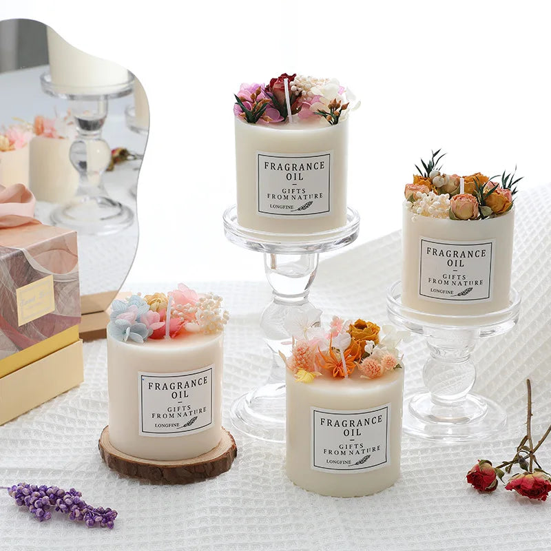 bougie parfumée fleurs séchées en cire de soja décorative et romantique