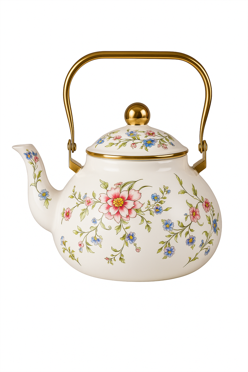 Bouilloire email vintage florale poignée dorée 1 5l