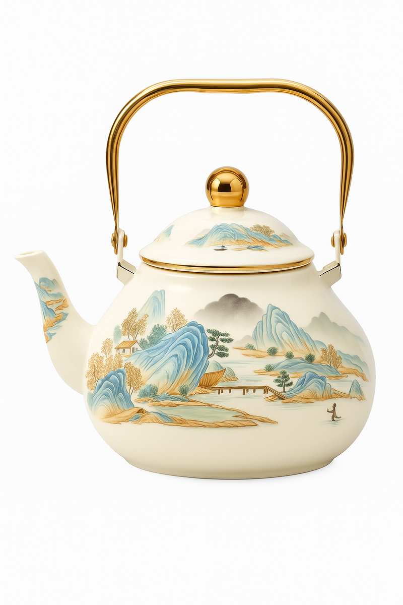 bouilloire vintage émaillée motif floral poignée dorée cuisine
