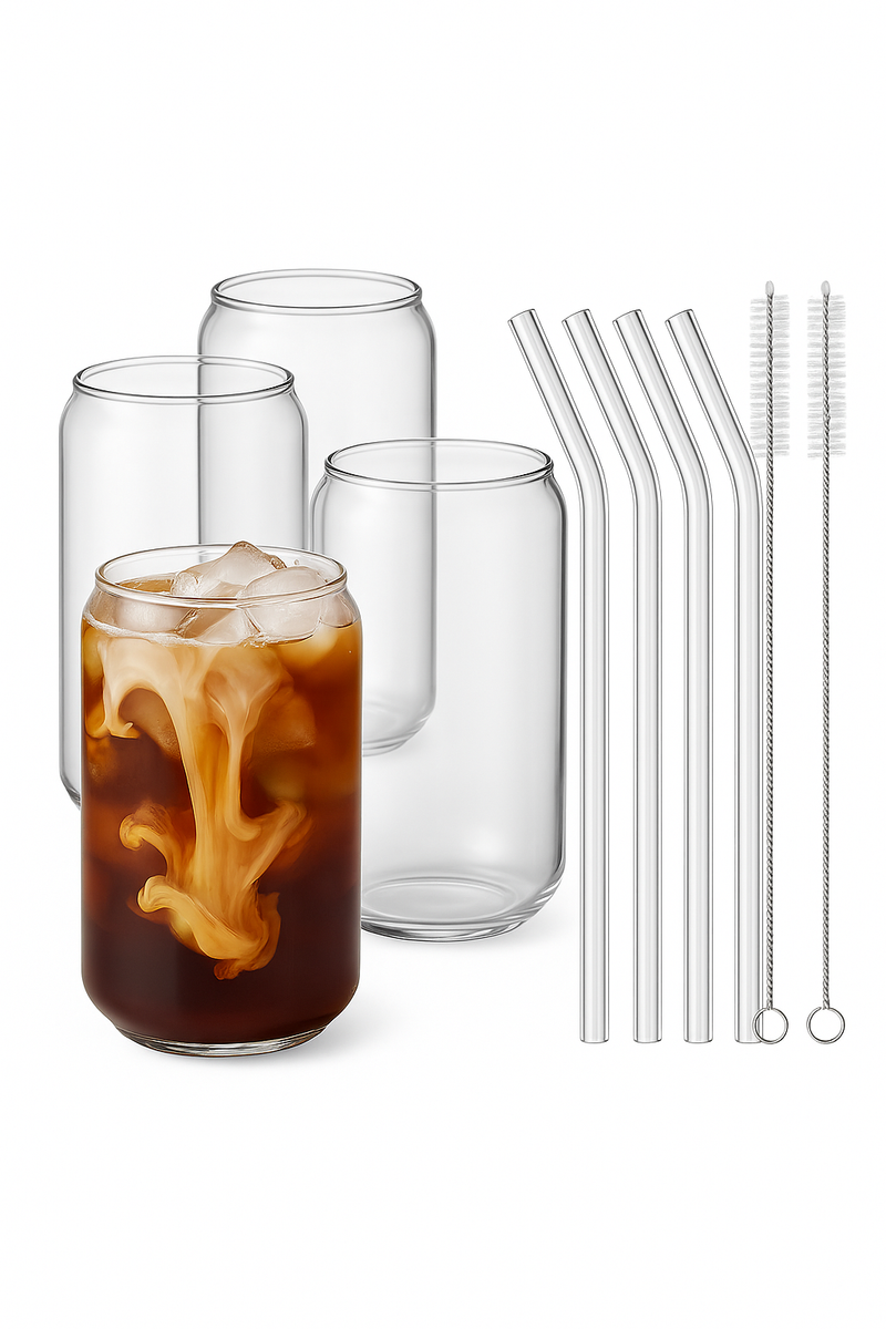 Ensemble 4 verres canette pailles verre goupillons