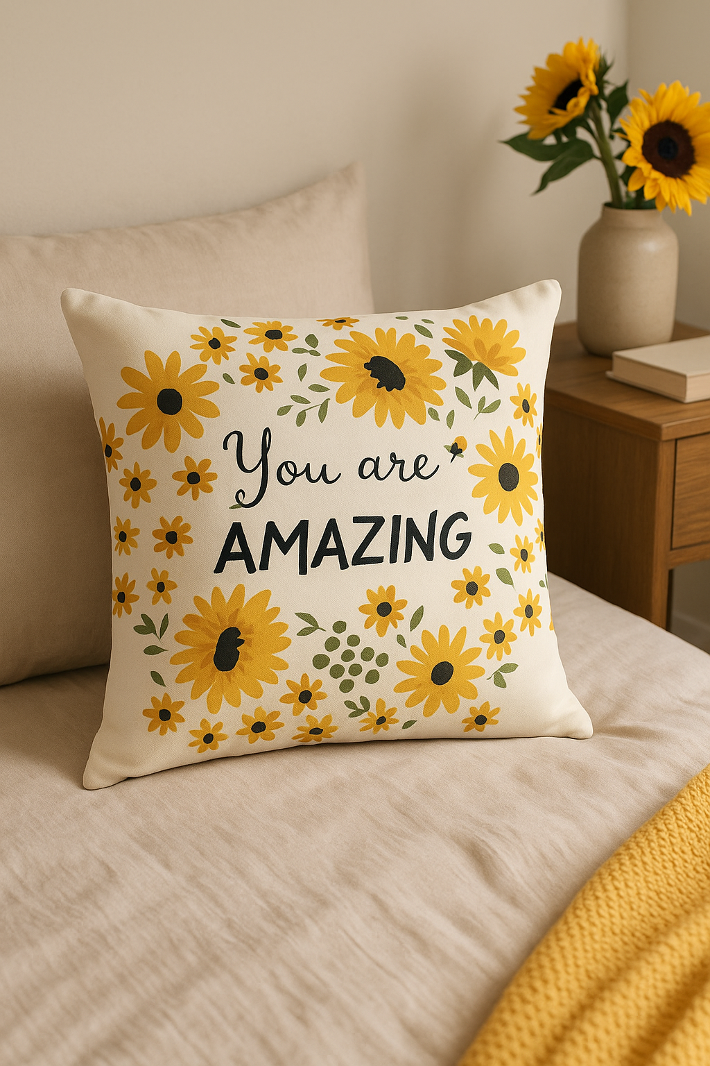 housse de coussin carré jaune motif tournesol créatif 45x45 cm - vue 3 sur 2