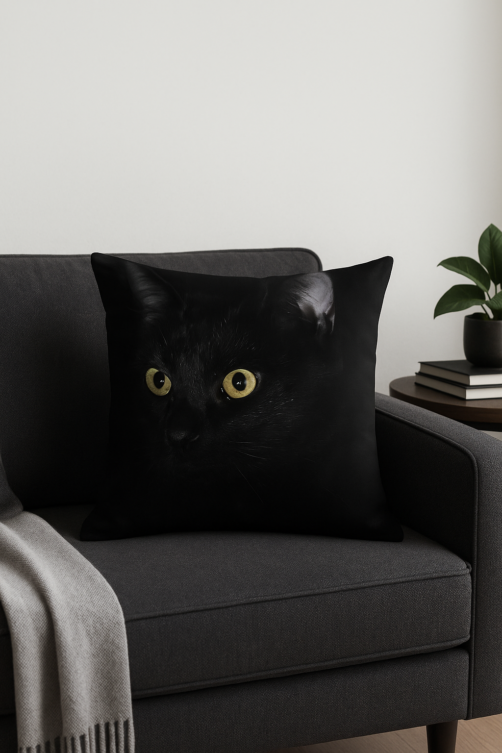 housse de coussin carrée chat noir pour déco intérieure