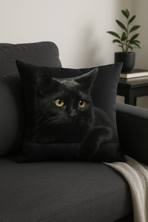 housse de coussin carrée imprimée chat noir décoratif - vue 2 sur 2