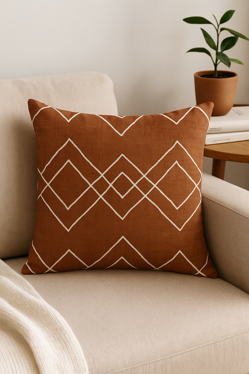 housse de coussin carrée motif géométrique marron élégant et moderne