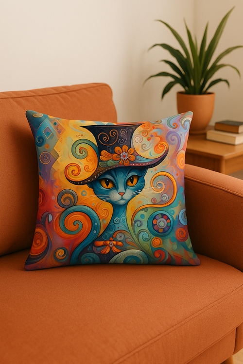 housse de coussin colorée avec motifs de chats fantastiques