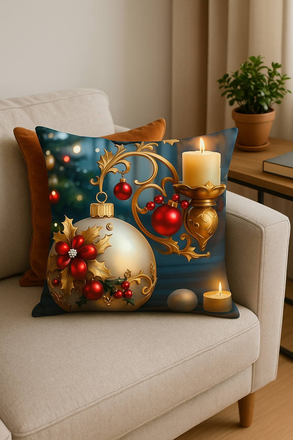 housse de coussin décorative boules de Noël dorées et bougies