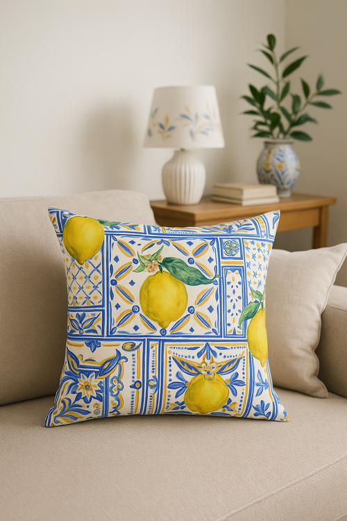 housse de coussin décorative fruits d'été citron orange fraise pastèque