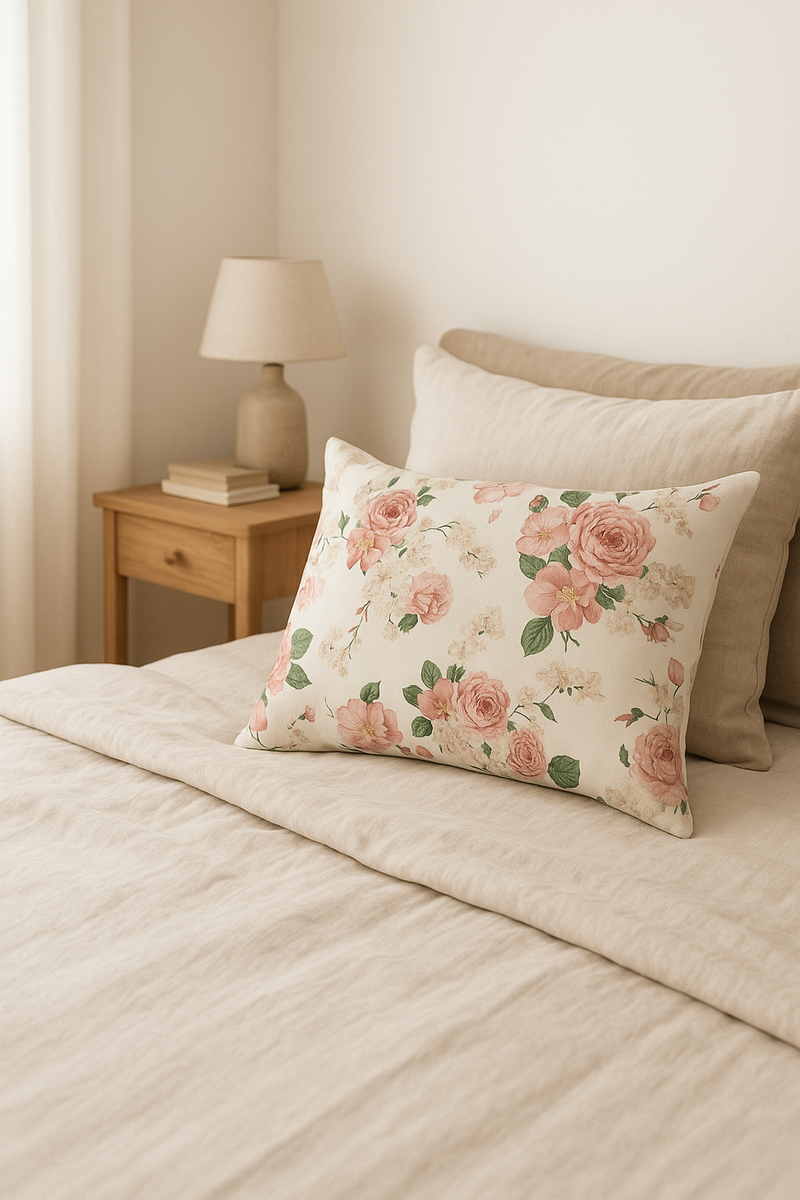 housse de coussin décorative motif arc-en-ciel fleurs rouges roses