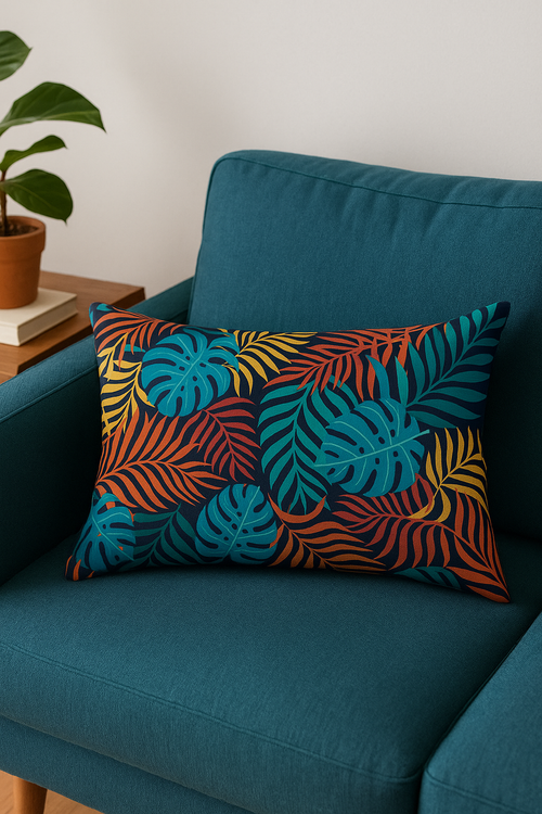 housse de coussin décorative motif feuilles tropicales vertes 30x50 cm