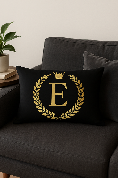 housse de coussin décorative motif lettres noires dorées
