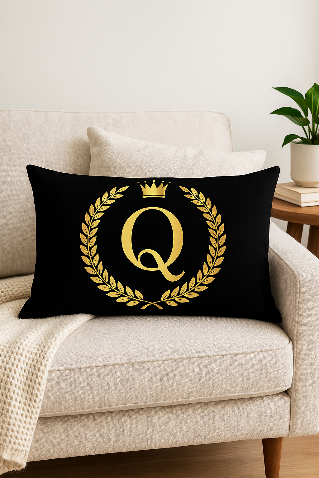 housse de coussin décorative motif lettres noires dorées