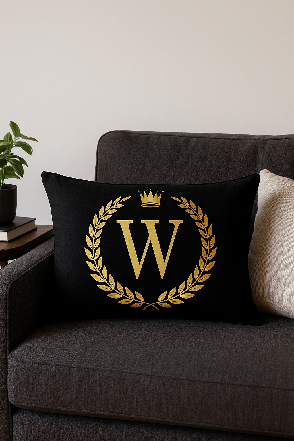 housse de coussin décorative motif lettres noires dorées