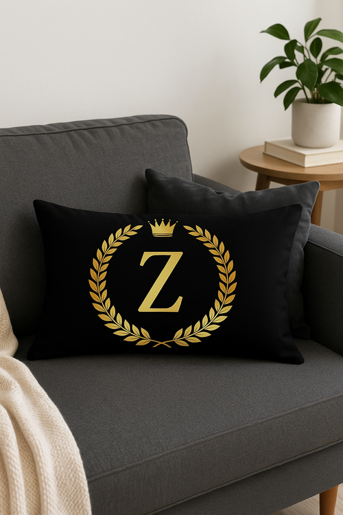housse de coussin décorative motif lettres noires et dorées