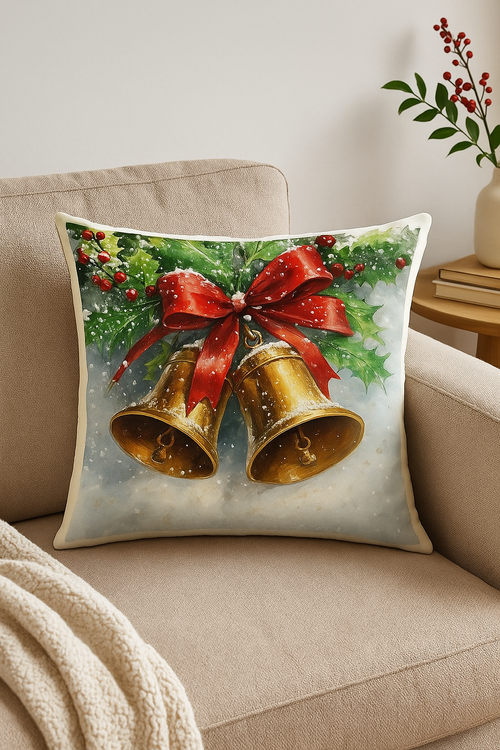 housse de coussin décorative motif père noël et cloches de noël