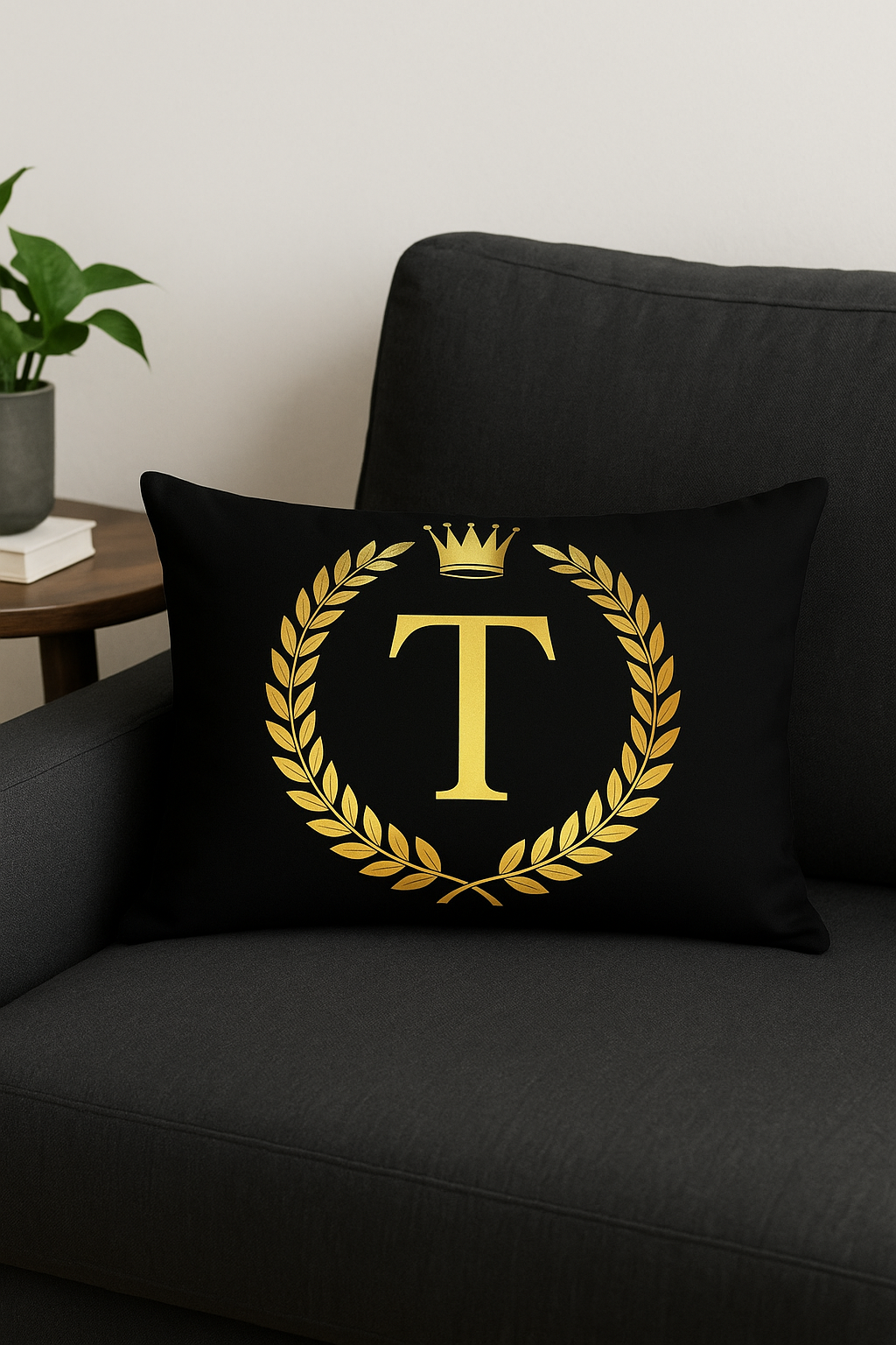 housse de coussin décorative motifs lettres noires dorées