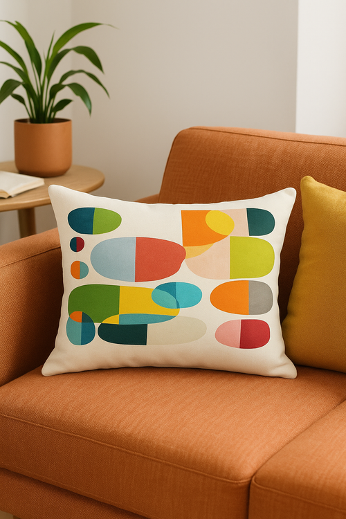 housse de coussin géométrique arc-en-ciel et motifs végétaux - vue 3 sur 2
