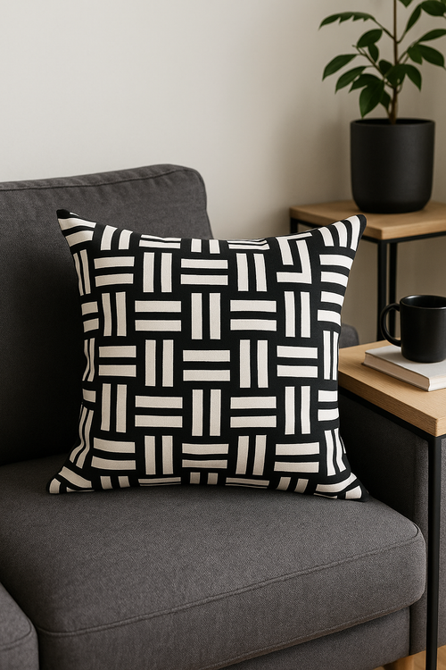 housse de coussin géométrique noire et blanche décorative à lignes ondulées - vue 2 sur 2