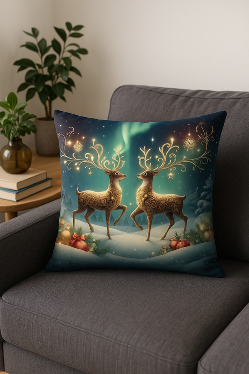housse de coussin motif père noël et bonshommes de neige décoratifs