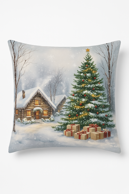 housse de coussin motif père noël et chalet enneigé