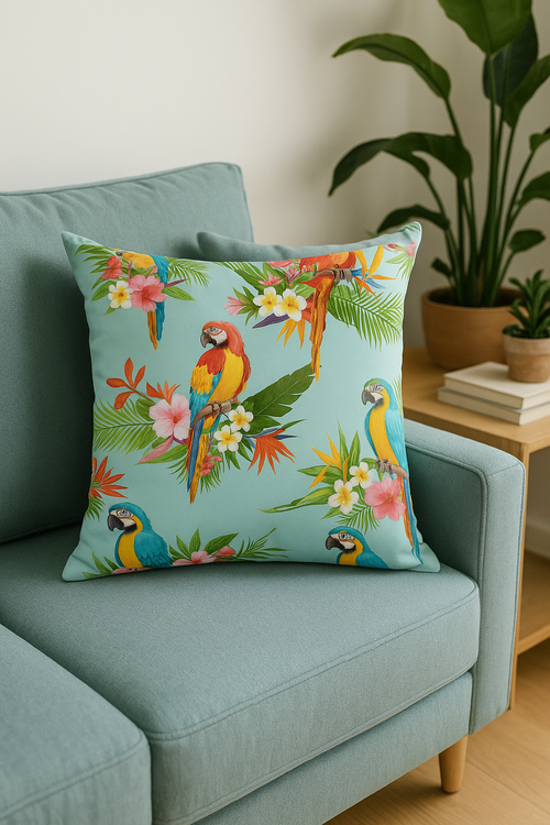 housse de coussin motif perroquet style tropical pour canapé