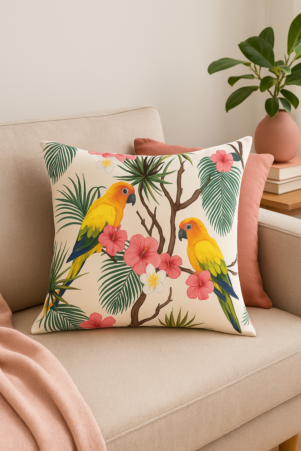 housse de coussin motif perroquet style tropical pour canapé