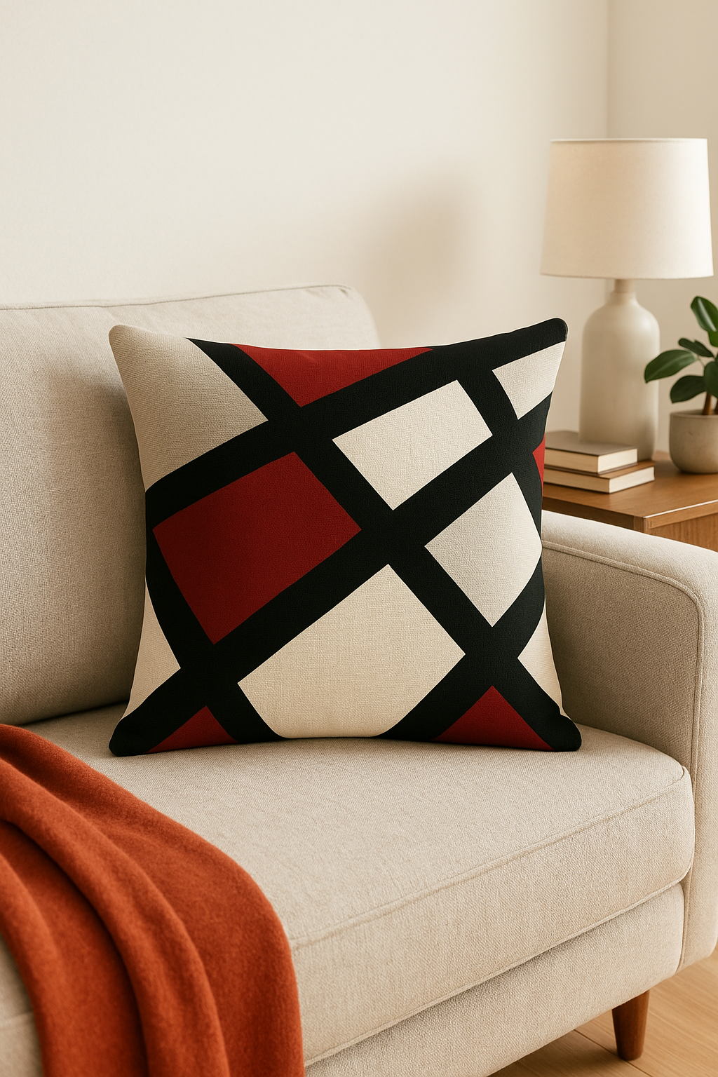 housse de coussin noire et rouge à motif géométrique - vue 3 sur 2