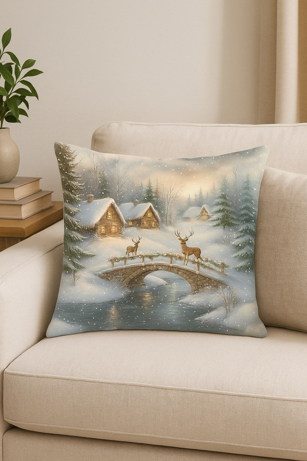 housse de coussin père noël et chalet en hiver