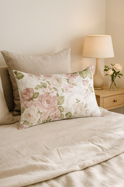 housse de coussin rectangulaire décorative fleurs rouges et roses arc-en-ciel - vue 3 sur 2