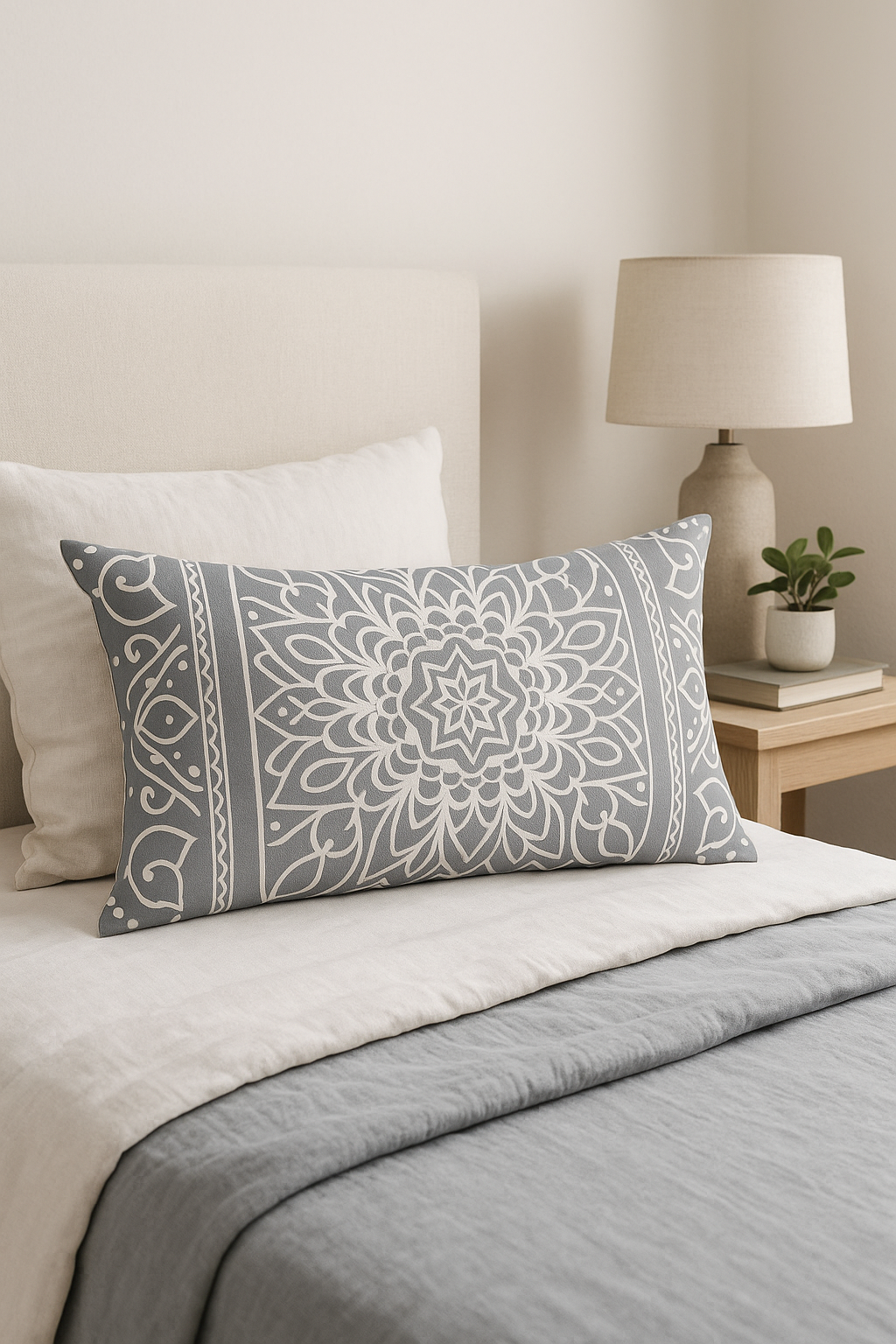 housse de coussin rectangulaire gris motif géométrique décoratif