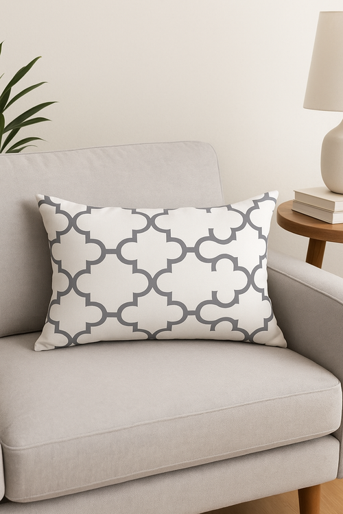 housse de coussin rectangulaire motif géométrique gris patchwork décoratif