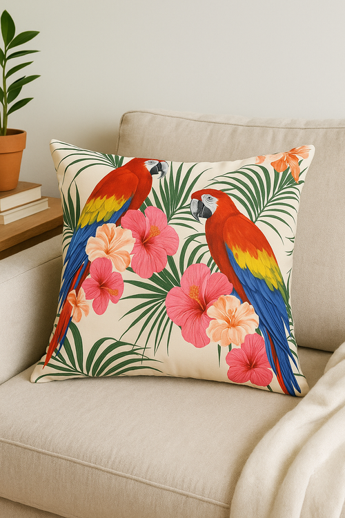 housse de coussin tropical motif perroquet pour salon