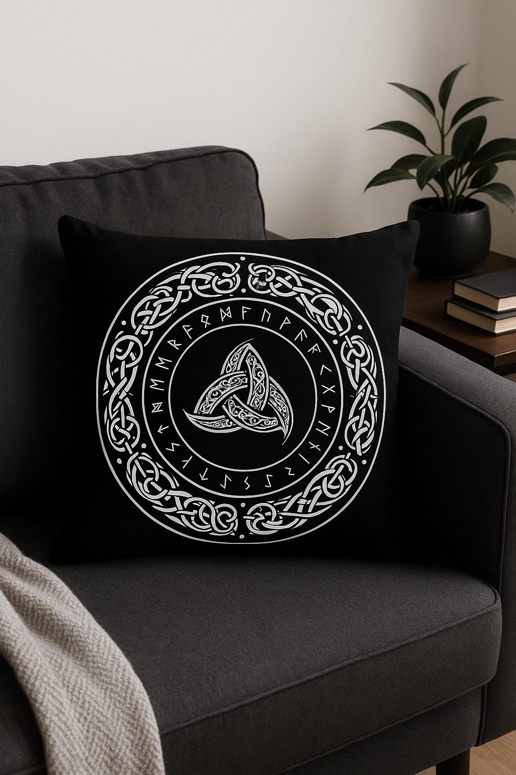 housse de coussin viking amulet motif géométrique noir et blanc - vue 3 sur 2