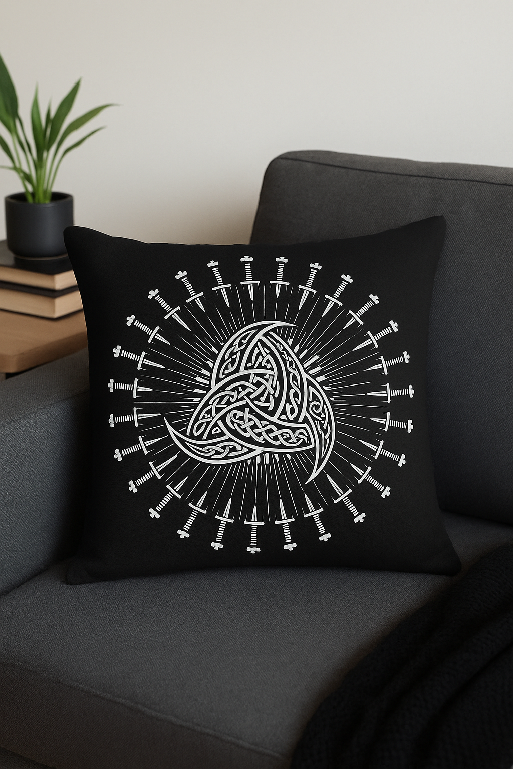 housse de coussin viking amulet motif géométrique noir et blanc
