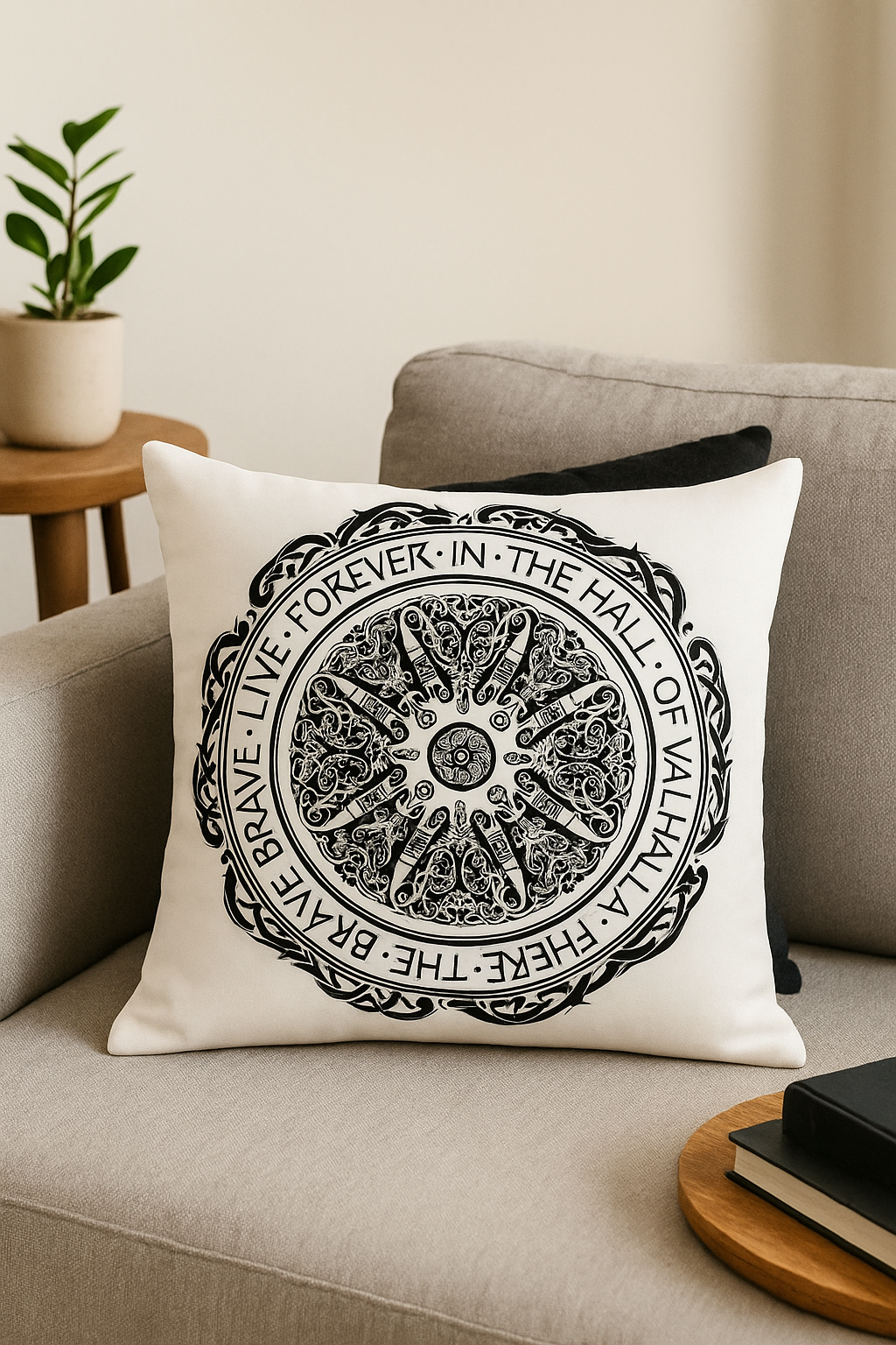 housse de coussin viking amulet motif géométrique noir et blanc - vue 3 sur 2