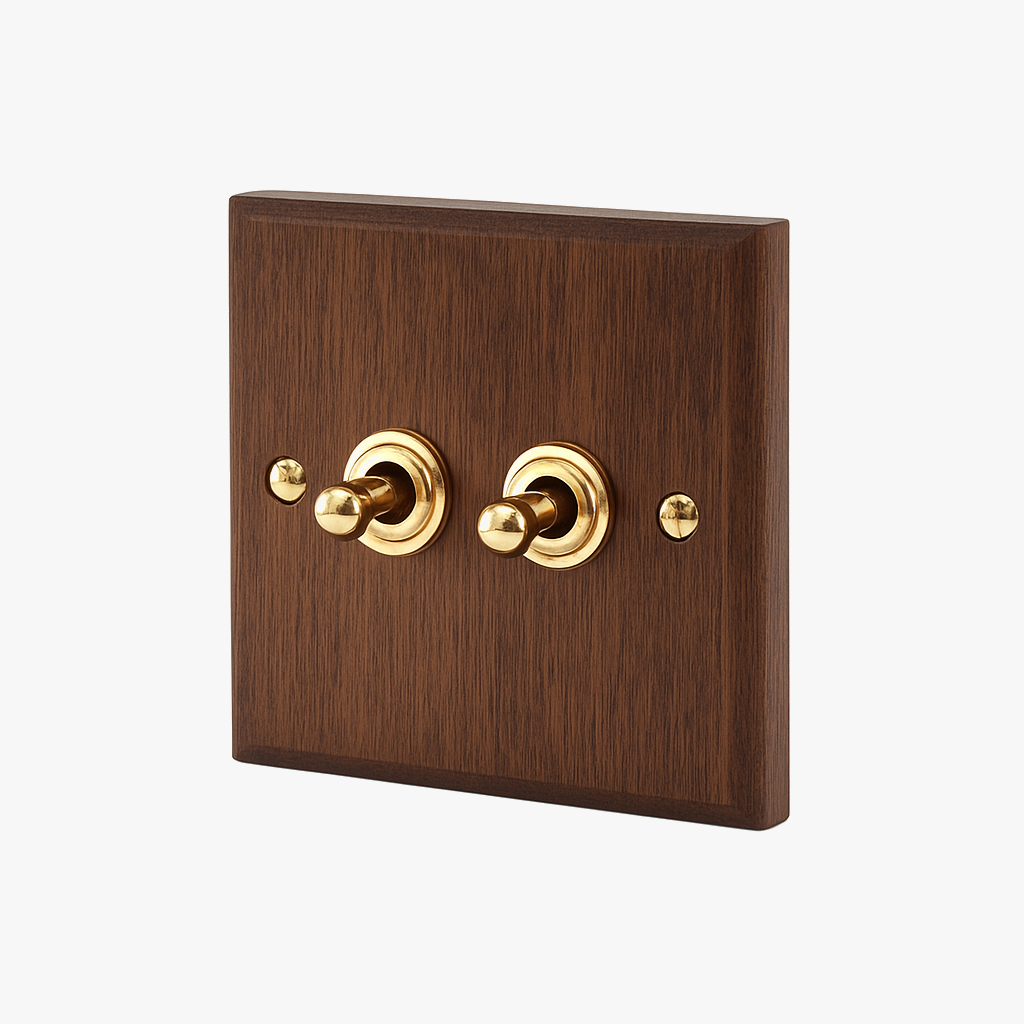 Interrupteur double 2 voies intermédiaire switch en bois et détails et vis dorées