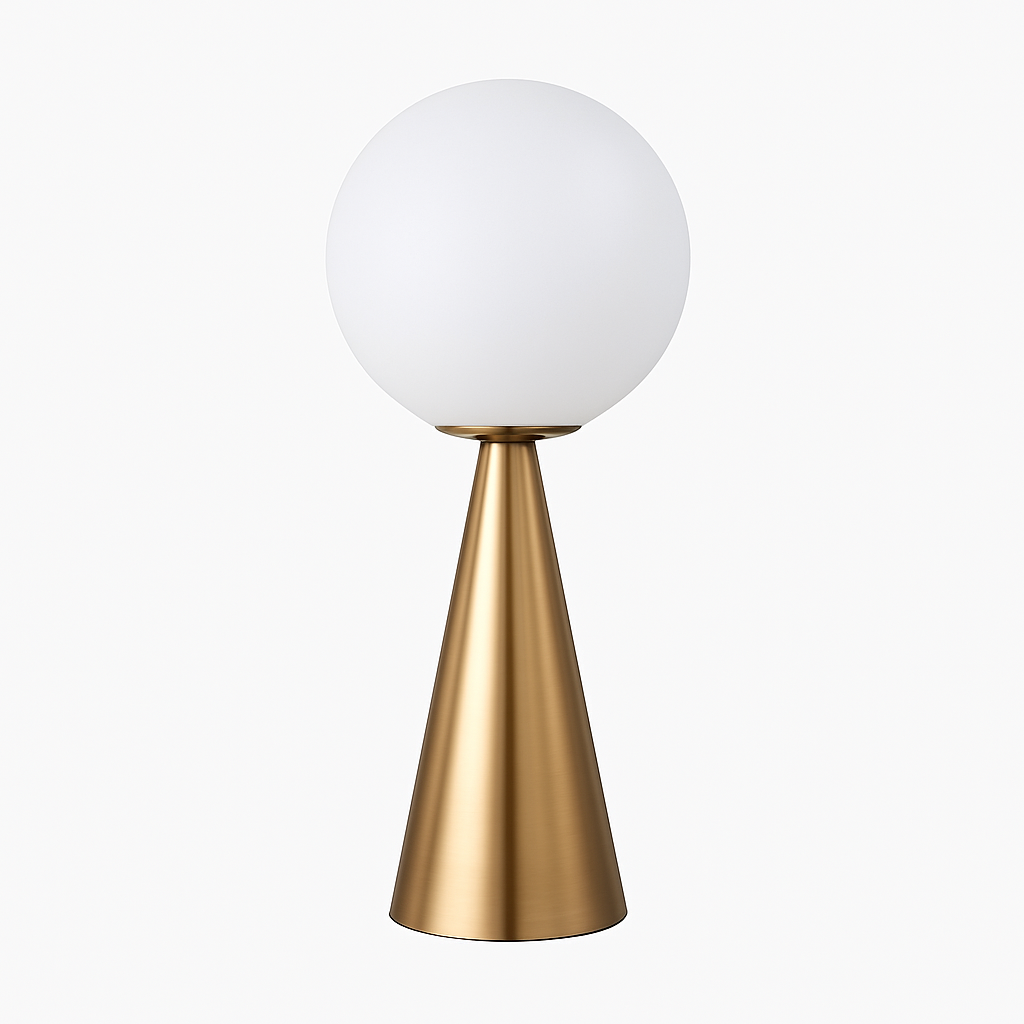 Lampe de chevet design en cône dorée et lampe en boule