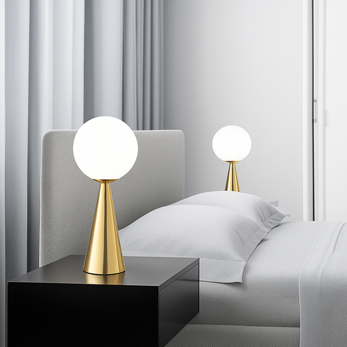 Lampe de chevet design en cône dorée et lampe en boule - vue 3 sur 6