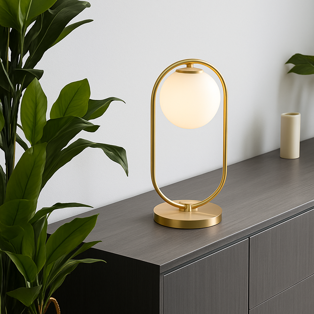 Lampe de chevet design en métal doré et boule en verre - vue 3 sur 9