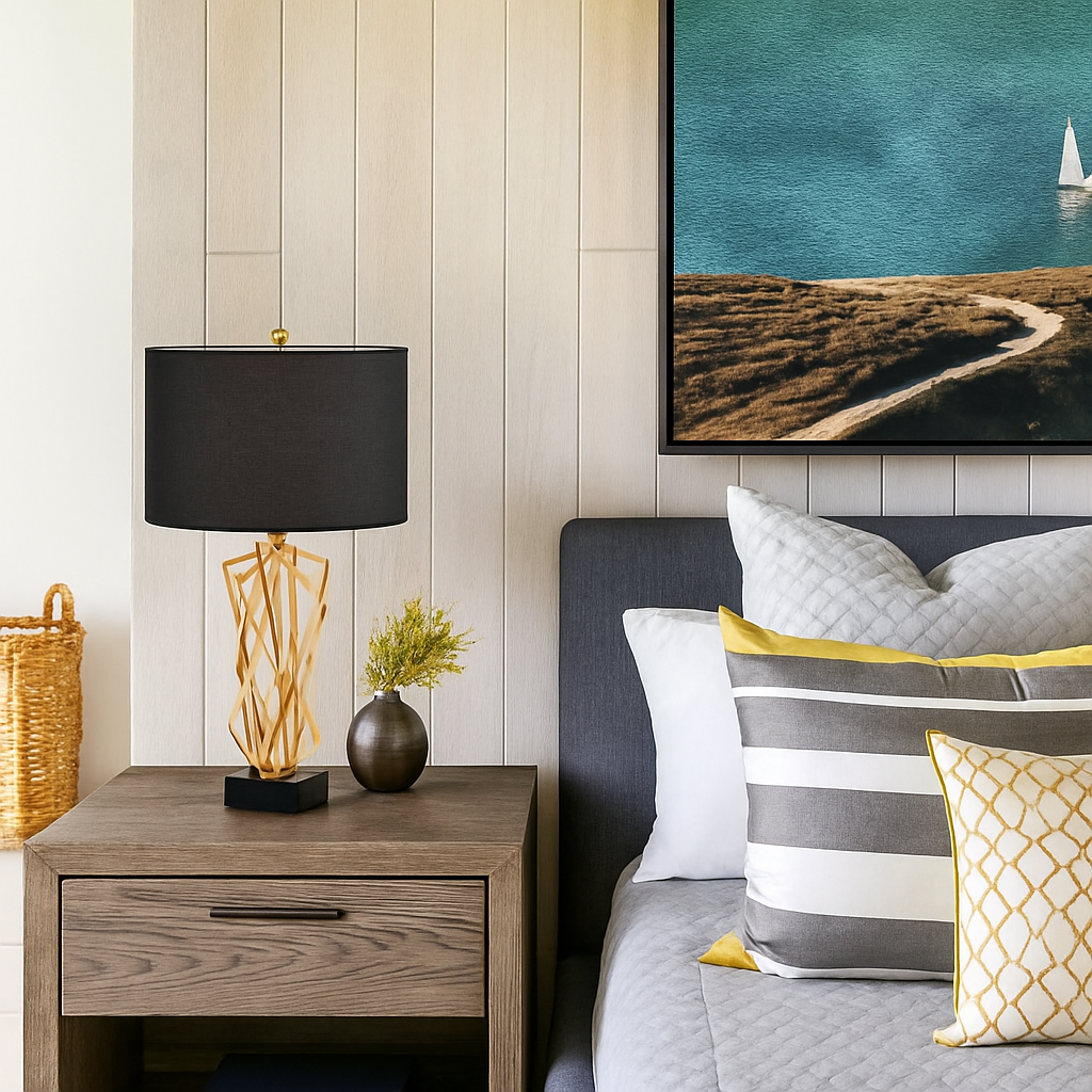 Lampe de chevet à pied design doré et abat-jour en tissu - vue 5 sur 5