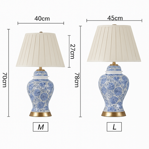 Lampe à poser LED en céramique bleu avec abat-jour blanc style Japonais