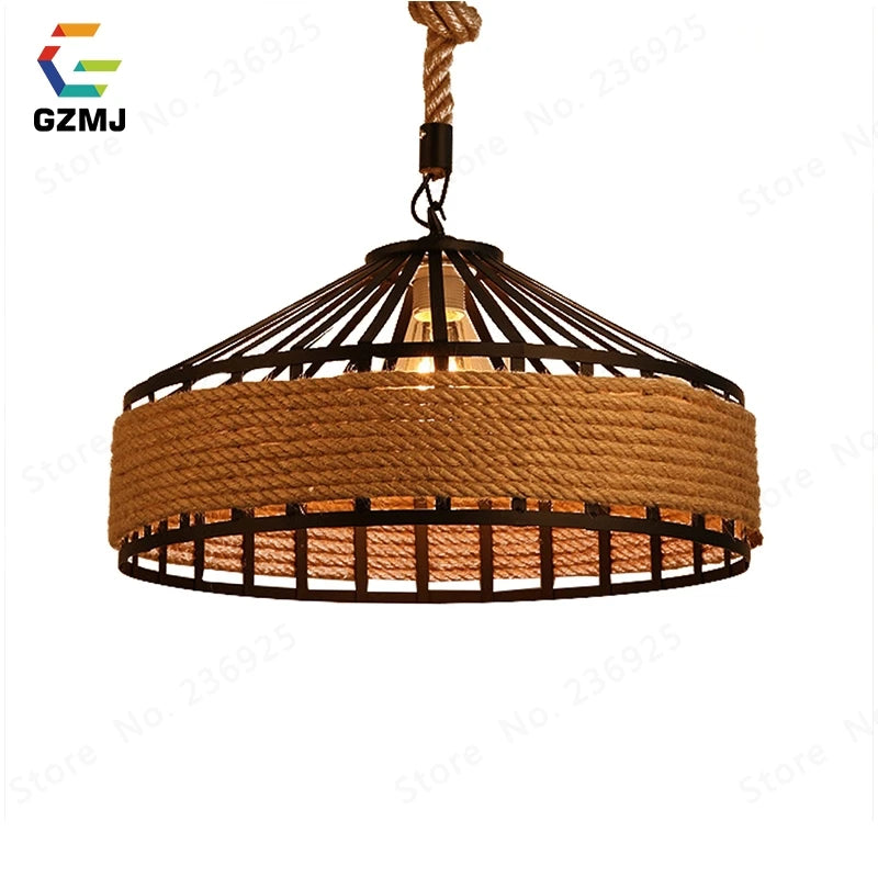 lampe suspension vintage en métal et corde de chanvre pour bar restaurant