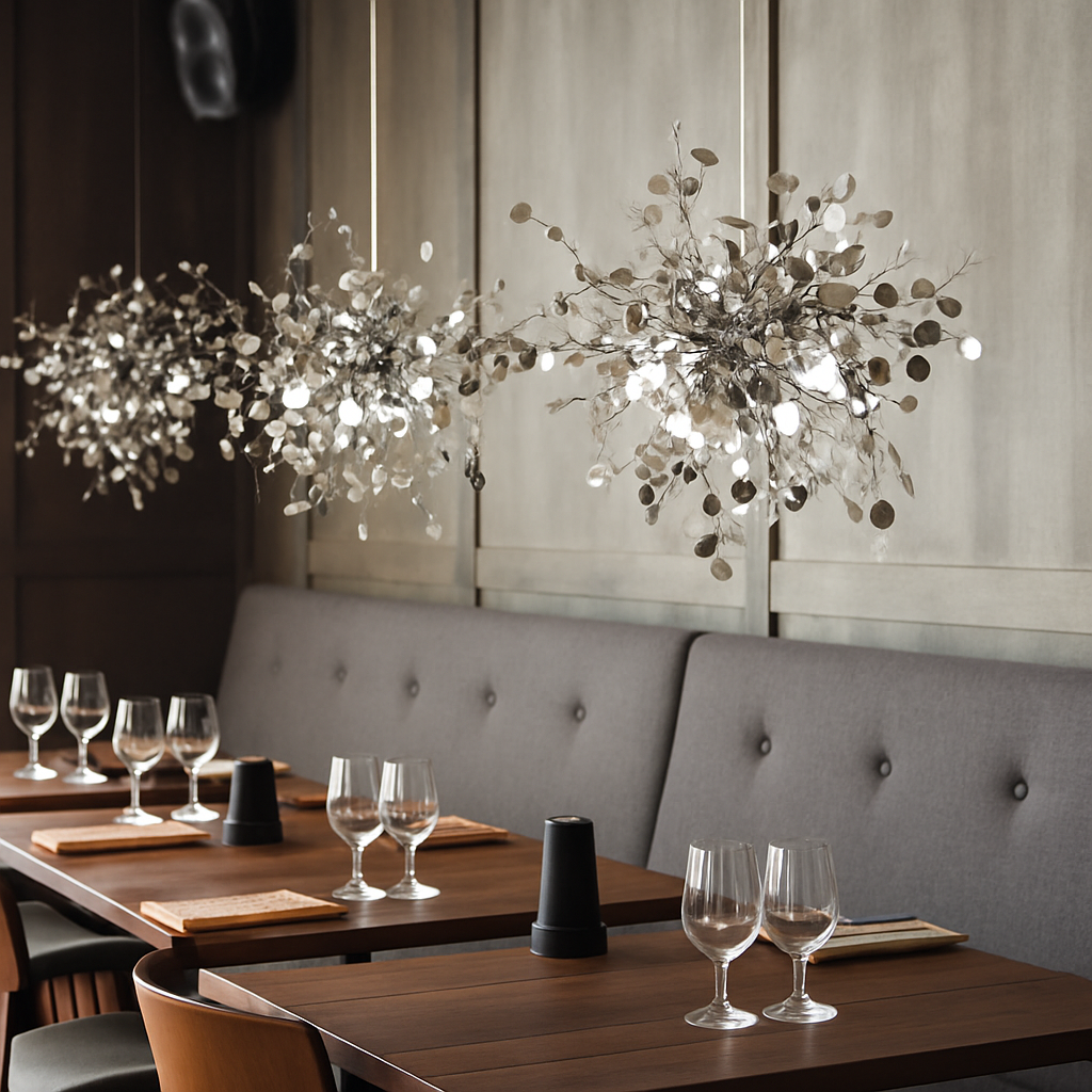 Lustre design chromé arbre à feuilles rondes - vue 6 sur 9