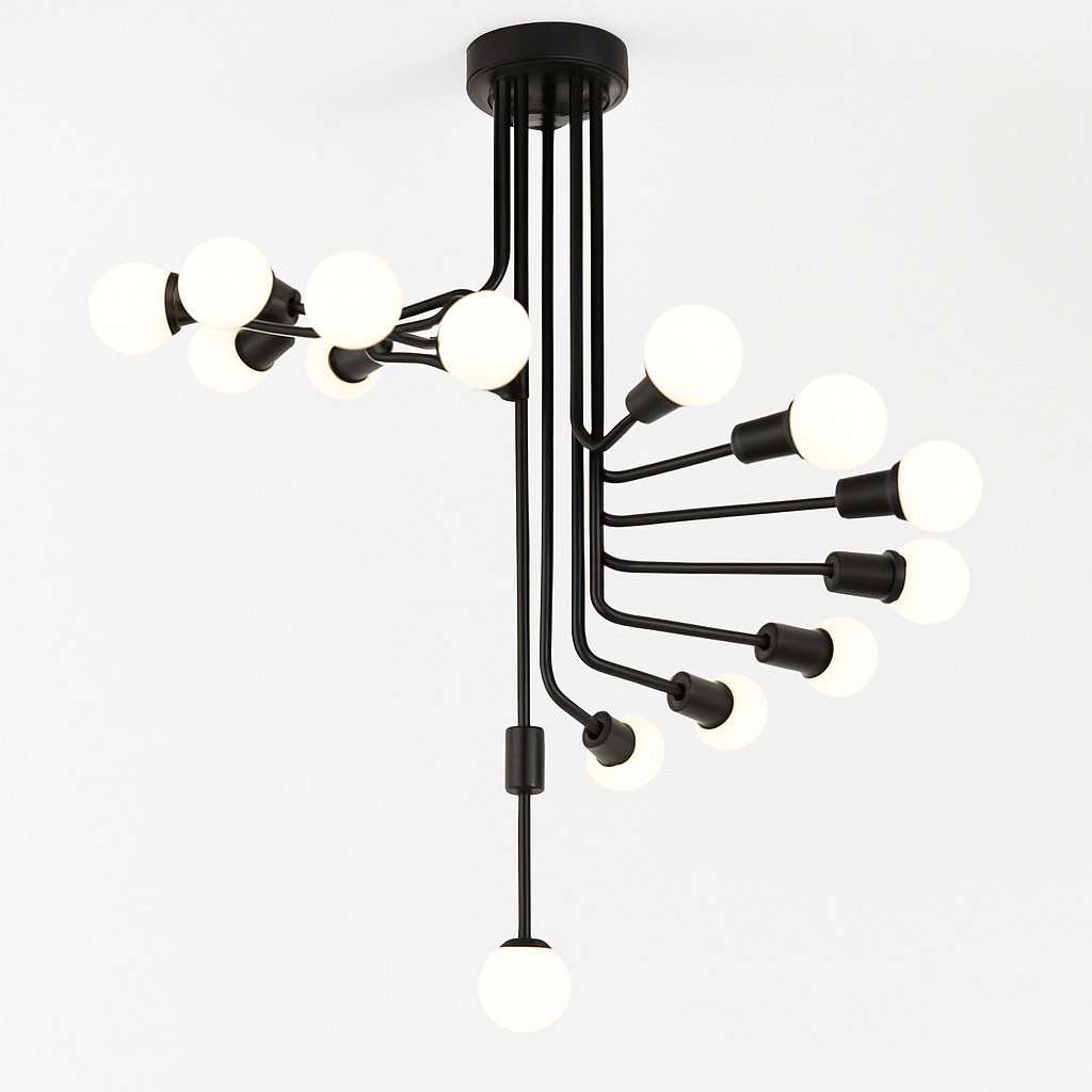 Lustre design noir avec plusieurs branches en forme d'escalier