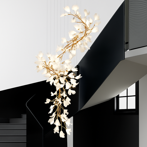 lustre led de luxe moderne en céramique motif ginkgo art villa - vue 6 sur 16
