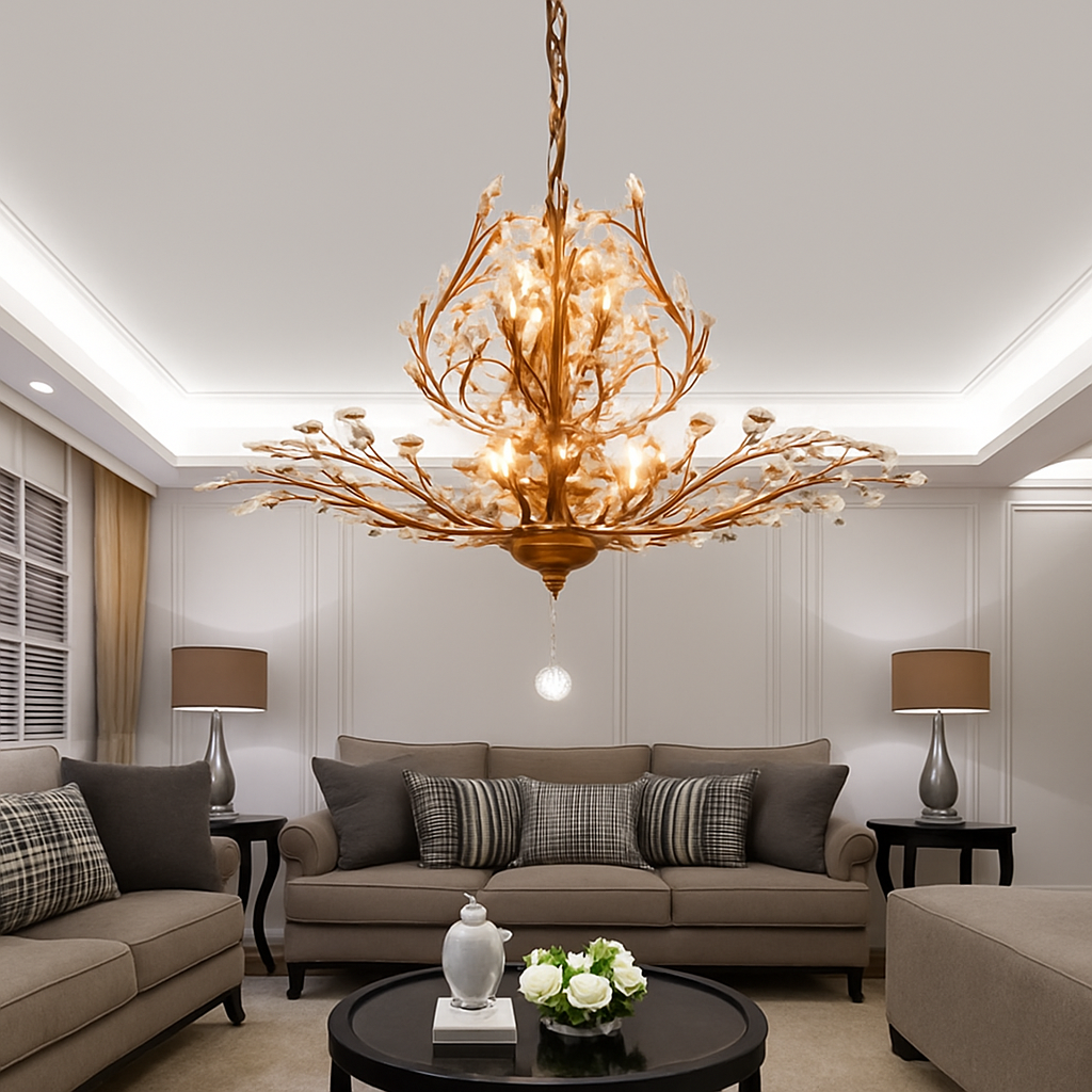 Lustre LED en cristal doré à feuilles - vue 4 sur 11