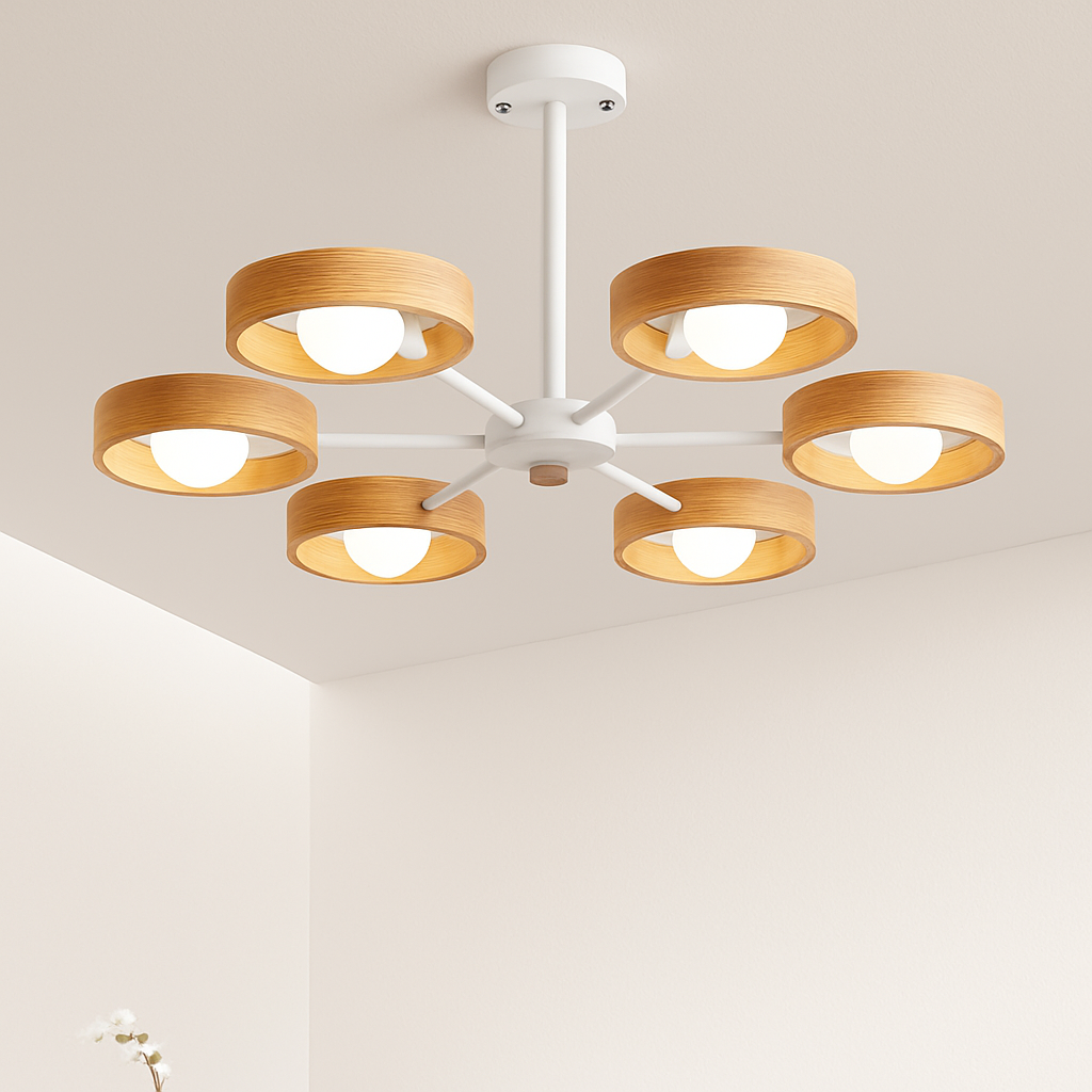 lustre nordique en bois avec abat-jour rond suspendu - vue 7 sur 12