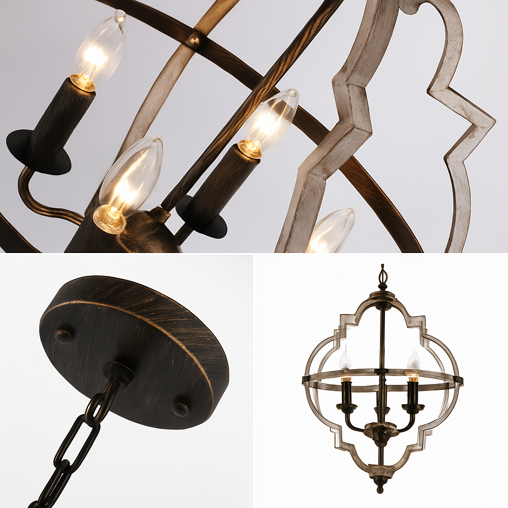 Lustre rustique en métal vintage avec lampes bougies - vue 4 sur 5