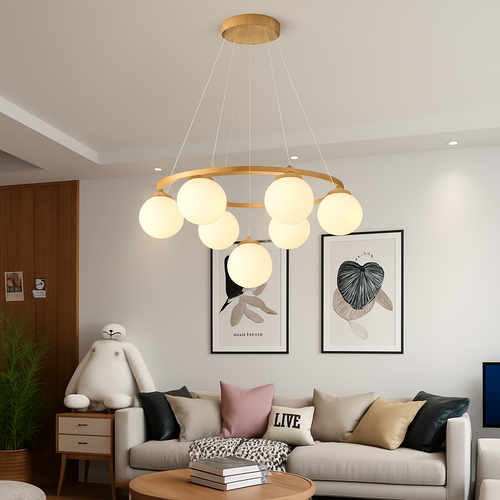 lustre suspendu en bois avec lampe en verre moderne